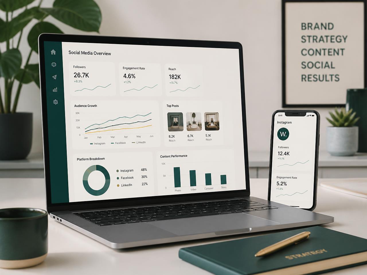 Painel de marketing digital com métricas de redes sociais